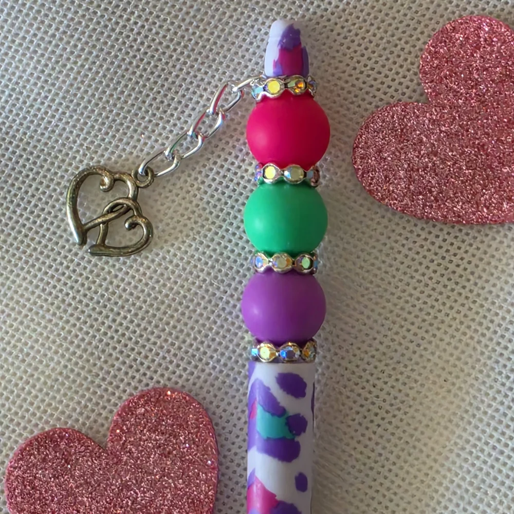 Handmade Black Ink Bling Pen Colorful Purple Leopard Heart Charm Office School